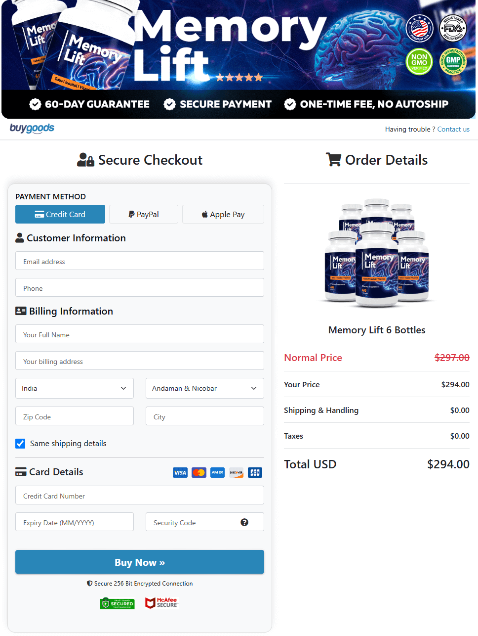 Memeory Lift Order Page